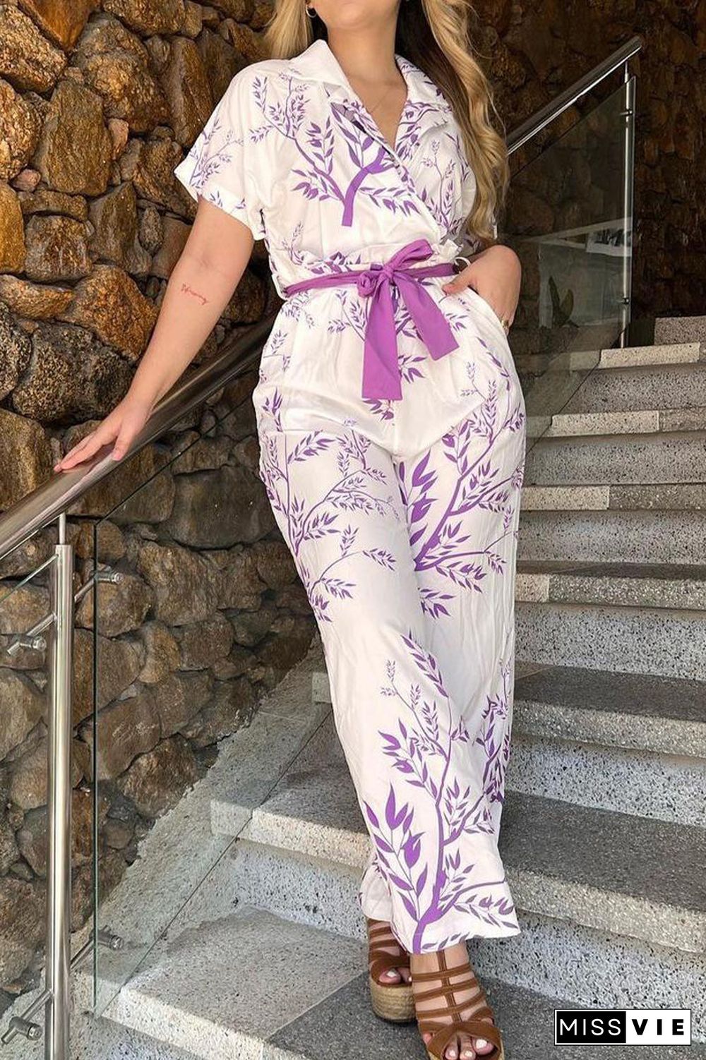 Casual Floral Frenulum Turndown Collar Short Sleeve Two Pieces