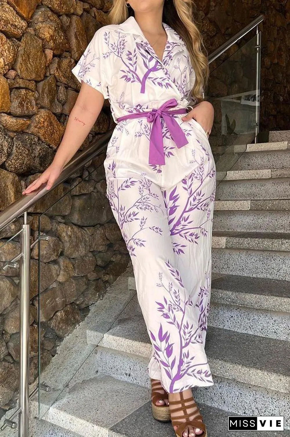Casual Floral Frenulum Turndown Collar Short Sleeve Two Pieces