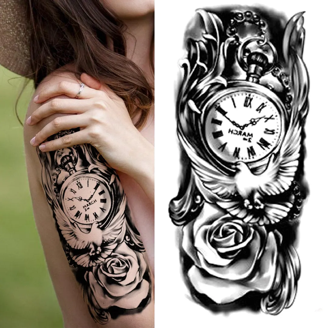 Forest Tiger Temporary Tattoos For Men Women Kids Lion Skull Cross Tattoo Sticker Black Compass Skeleton Tatoos Leg Thigh 1108