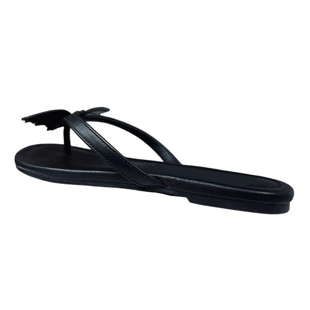 Open Toe Flat Bat Rhinestone Flip Flops Black Sandals for Women