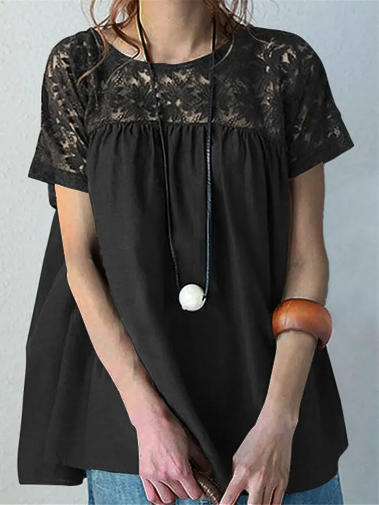 Lace Patchwork Pleated A Line Tunic