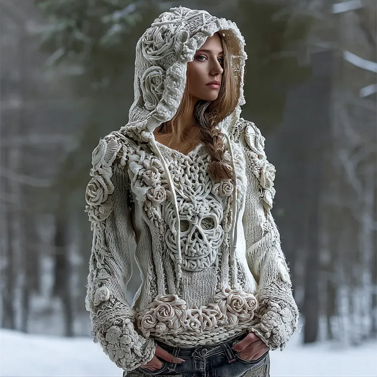 Women's Skull Flower Celtic Knot Knit Hooded Sweater