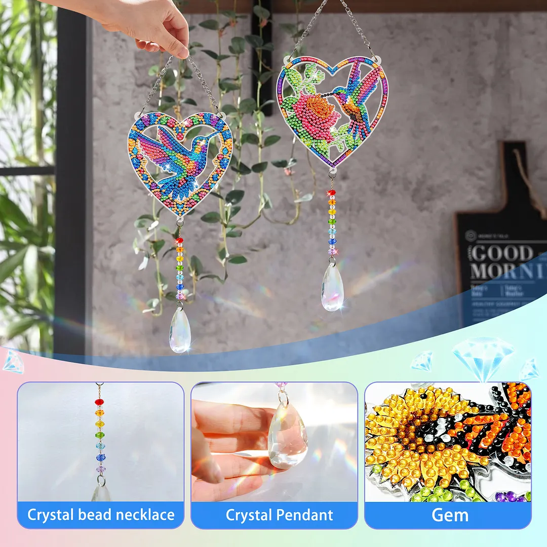 2Pcs Love Hummingbird DIY Acrylic Diamond Painting Art Wind Chimes with Crystal Pendant Diamond Art Hanging Pendant Double-Sided for Adults Beginners Gift Home Garden Decor