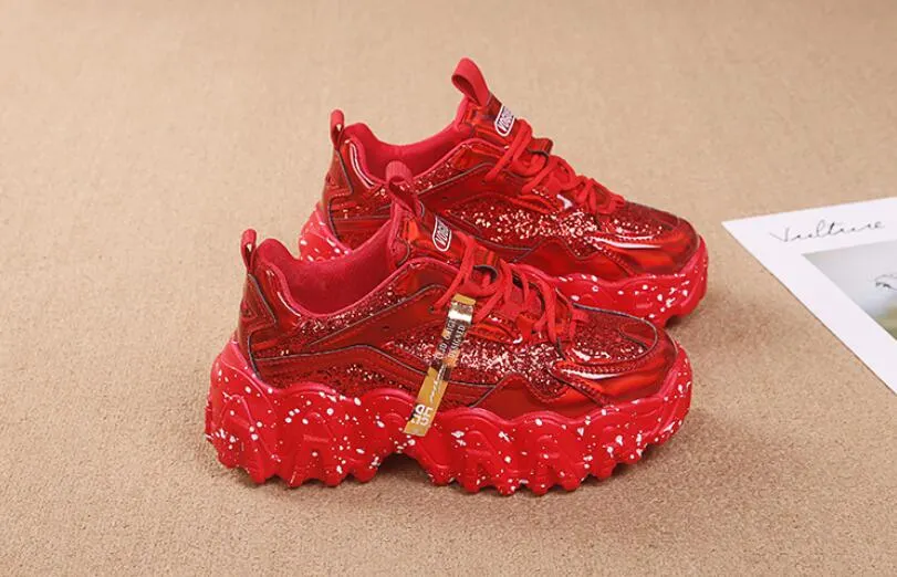 Fashion Women Shoes Dad Chunky Sneakers Women Luxury Comfortable Glossy Thick Sole Ladies Platform Wave Bottom Trainers Female