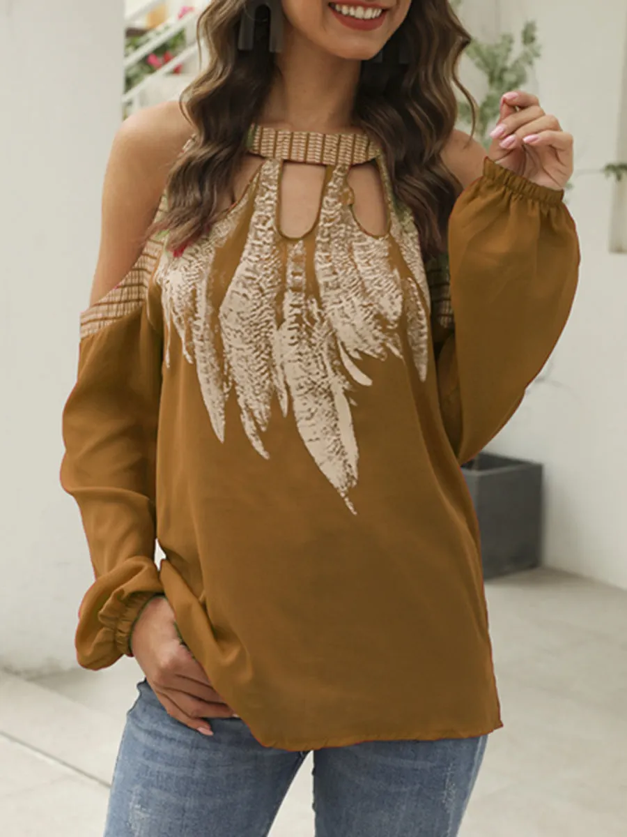 Off Shoulder Long Sleeves Printed Blouse