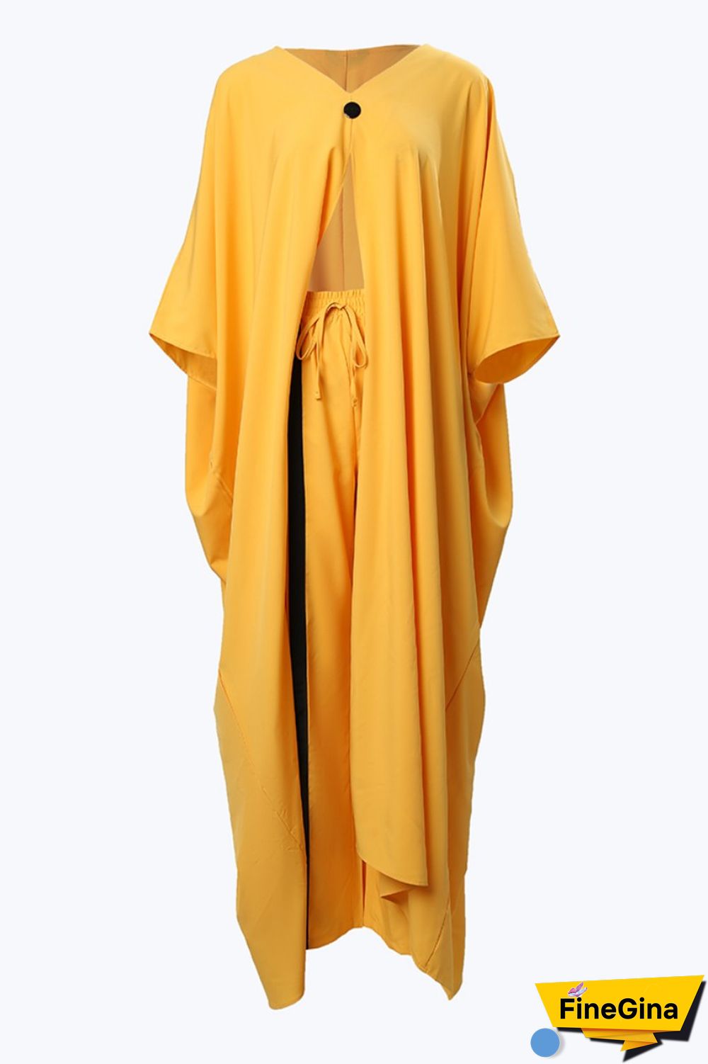 Yellow Casual Solid Patchwork V Neck Three Quarter Two Pieces