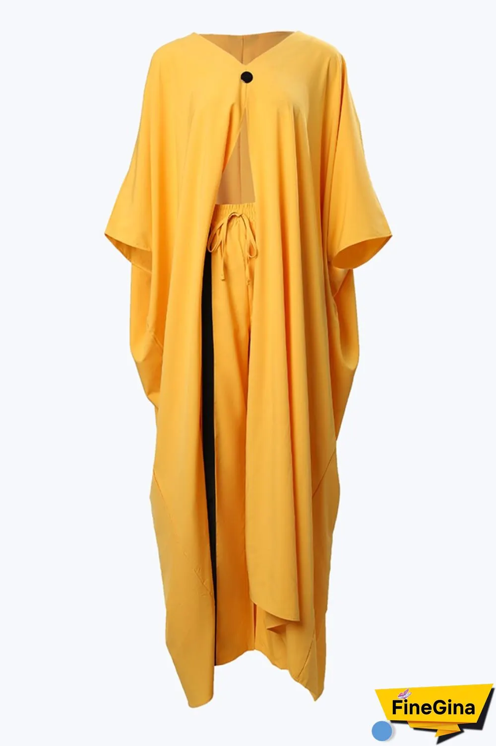Yellow Casual Solid Patchwork V Neck Three Quarter Two Pieces