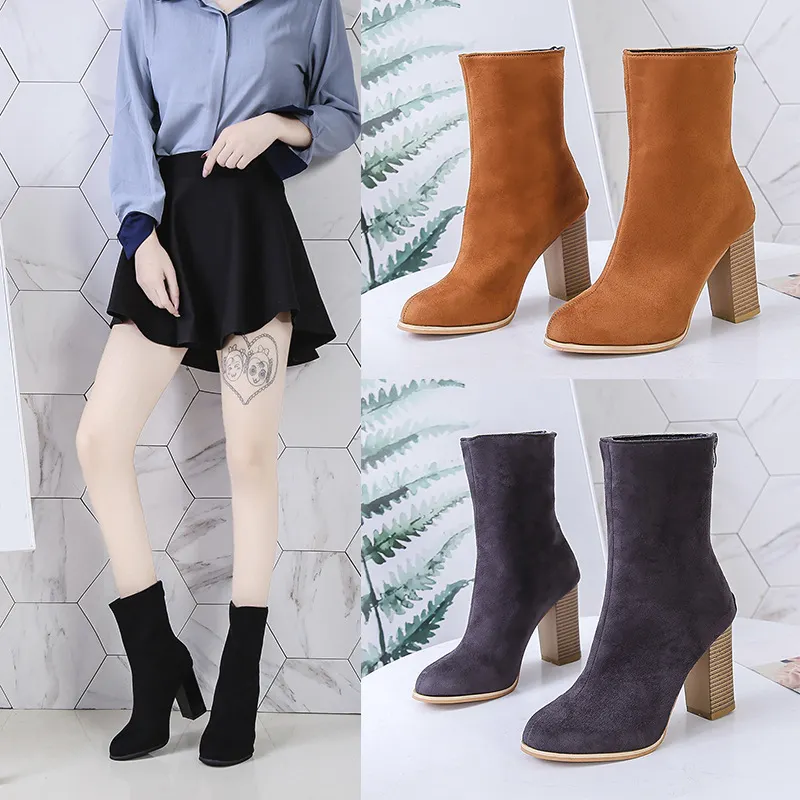 Yyvonne Size 2024 Autumn And Winter New Women's Boots High Heels, Coarse Heels, Frosted Medium-Sized Fashion Boots, Fashionable Women's Shoes