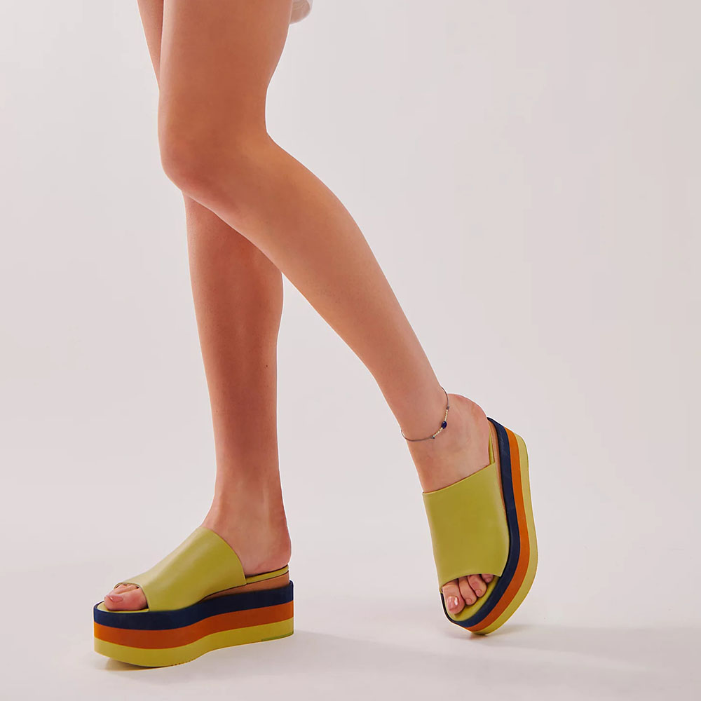 Lime Green Open Toe Striped Slip On Platform Mules for Women Nicepairs