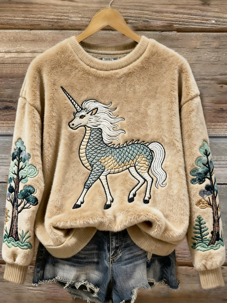 Japanese-style Unicorn Embroidered Design Women's Flannel Sweater