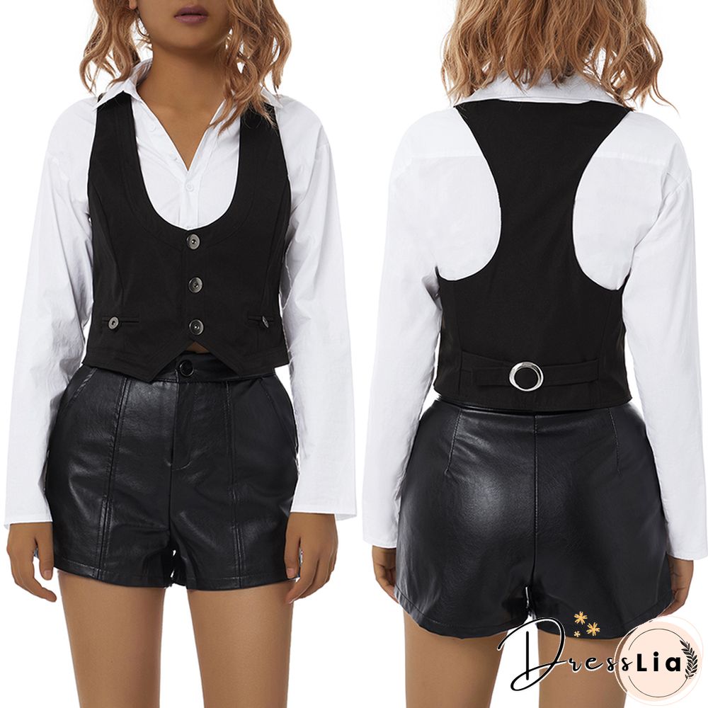Gothic Y2K Vintage Black Jacket Vest Women Aesthetic Fairycore Grunge Sleeveless Button Crop Tank Tops Harajuku V-Neck Clothing