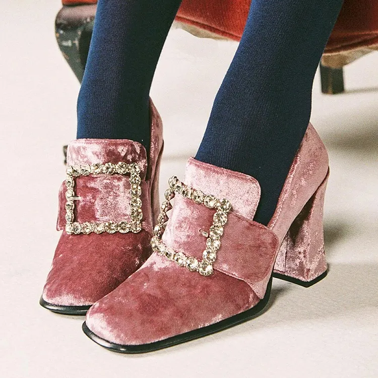 Pink Velvet Square Toe Buckle Loafers Vdcoo