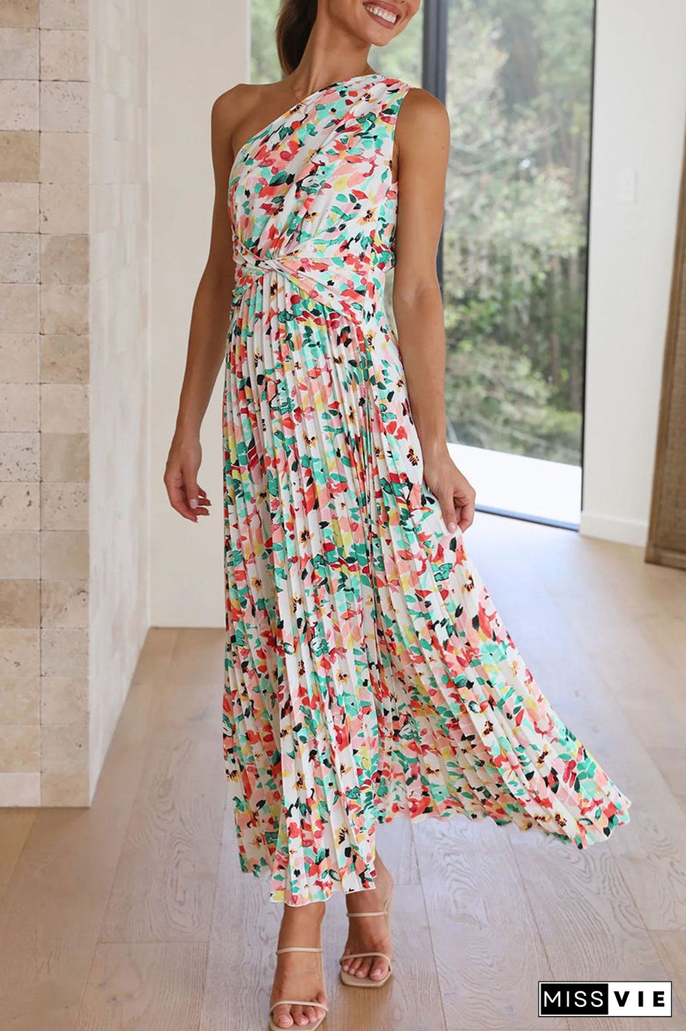 Elegant Floral Fold Oblique Collar Printed Dress Dresses