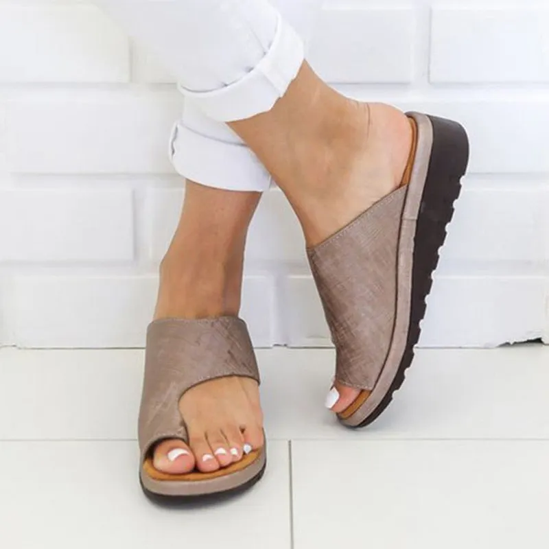 Ladies Silver PU Leather Sandals Wedges Comfy Platform Flat Casual Soft Women Big Toe Foot Correction Shoes Correctores