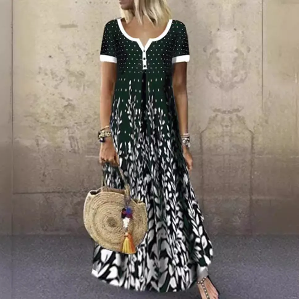 Churchf Churchf And Summer New Temperament Dress Cotton Positioning Printing V-Neck Short Sleeve Large-Size Dress