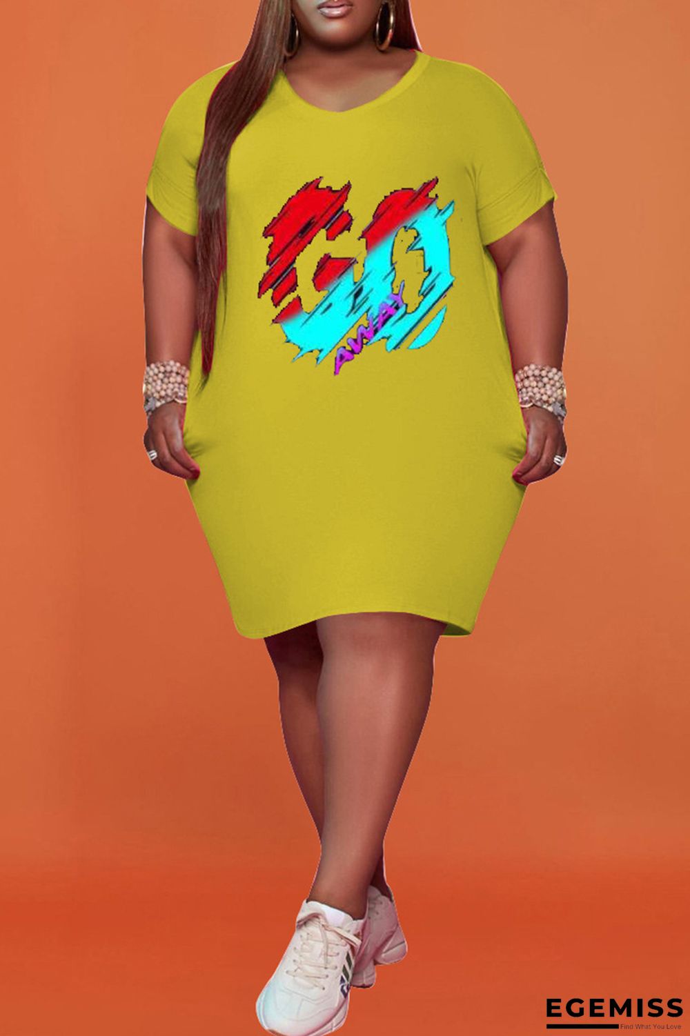 Yellow Fashion Casual Letter Print Basic V Neck Plus Size Dresses | EGEMISS