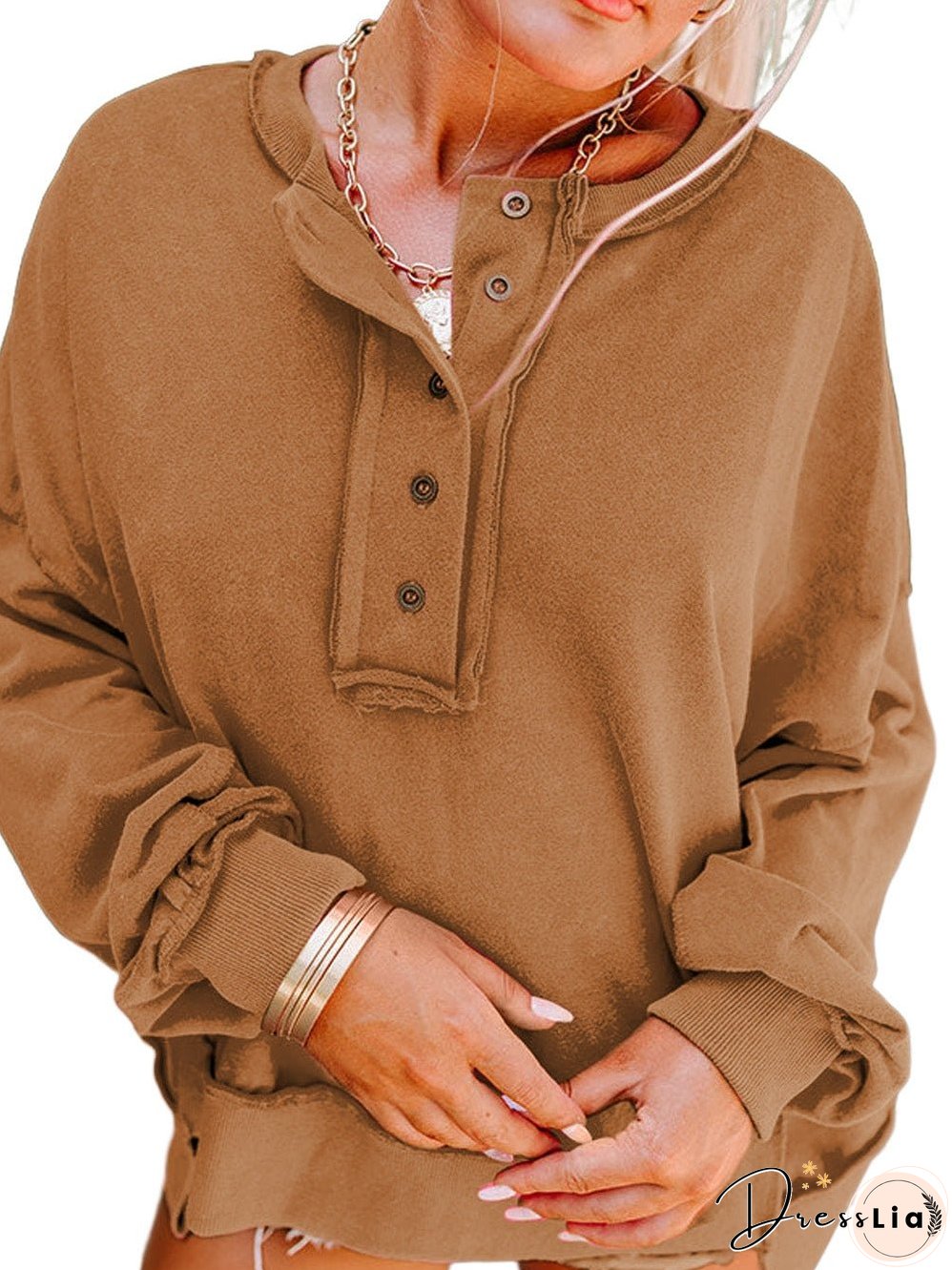 Cozy Brown V-Neck Button Detail Pullover Sweatshirt