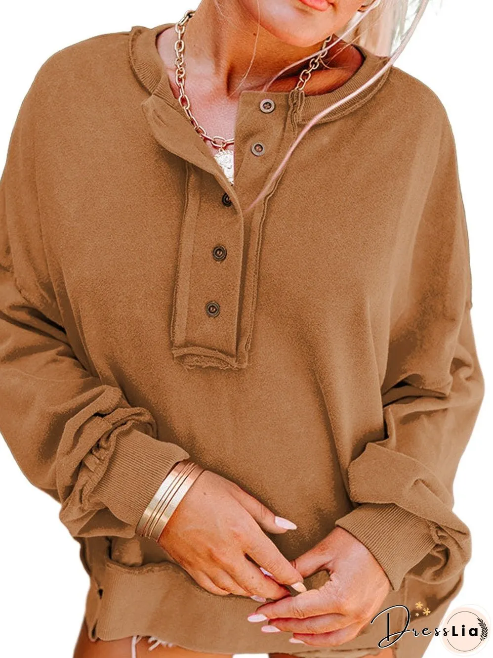 Cozy Brown V-Neck Button Detail Pullover Sweatshirt