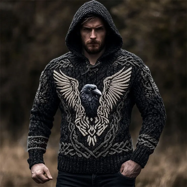 Men's Viking Raven Inspired Celtic Chunky Hooded Sweater