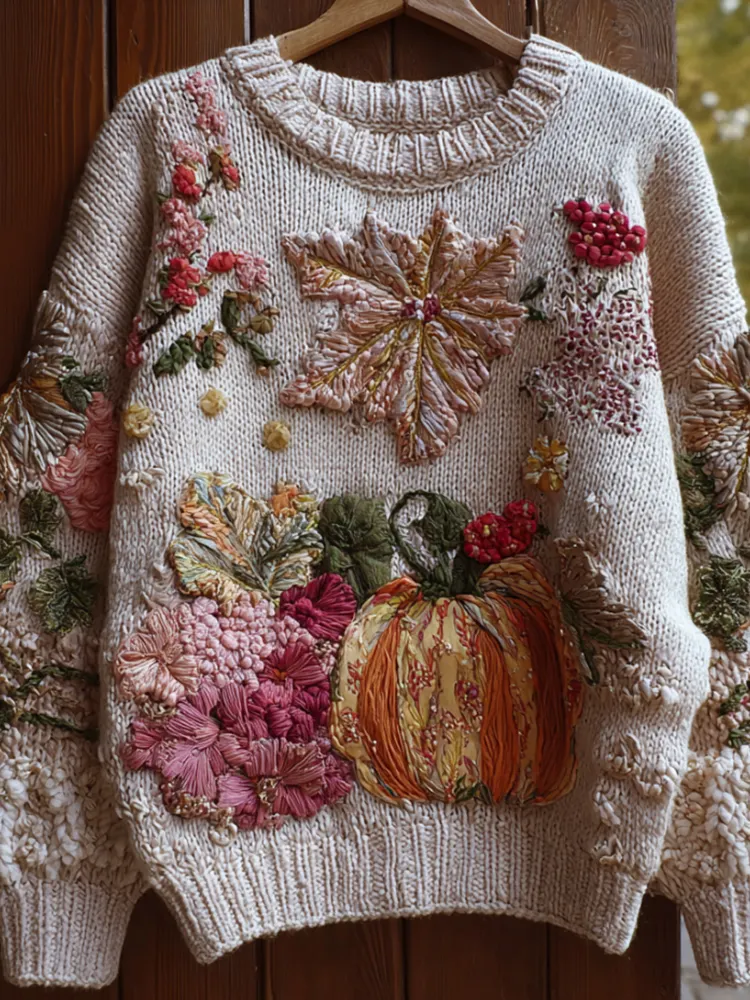 Pumpkin And Flower Multi-color Plush Warm Round Neck Sweater