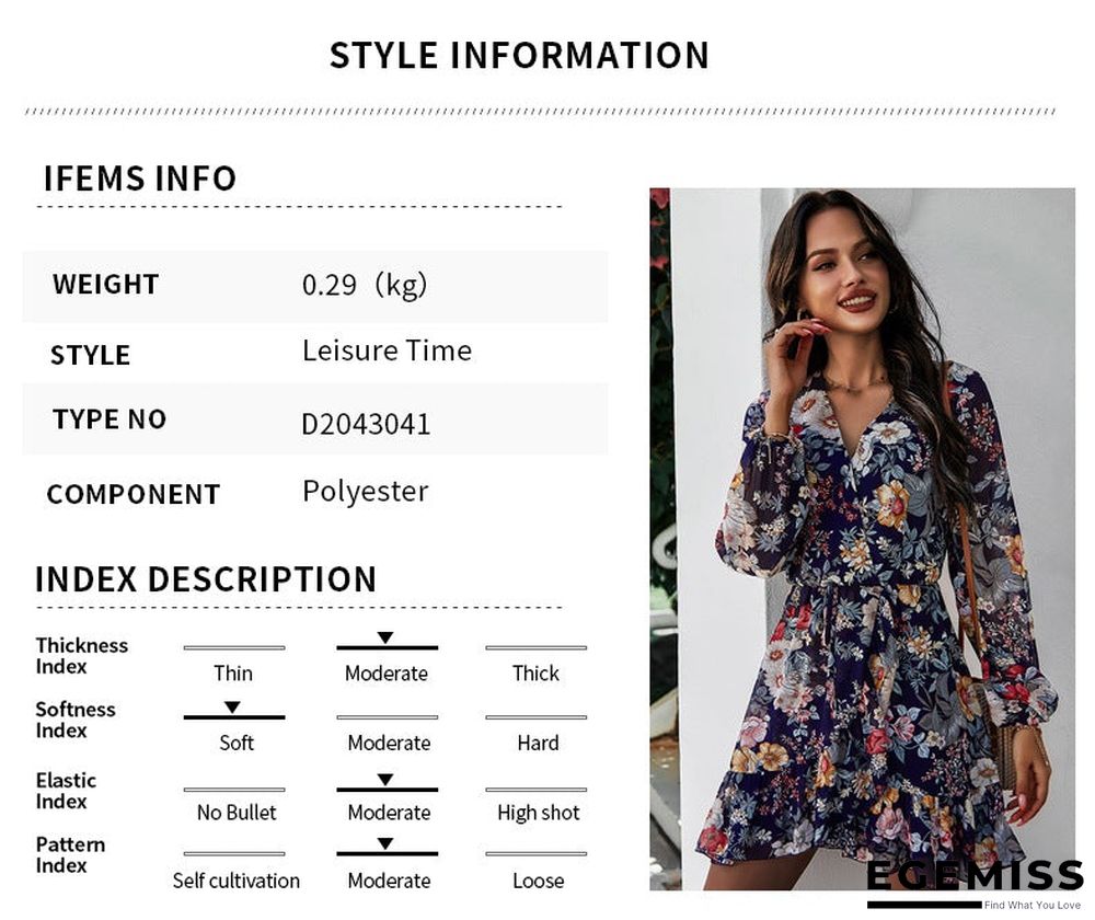 New Women's Spring/summer V-neck Long-sleeved Chiffon Print Dress | EGEMISS