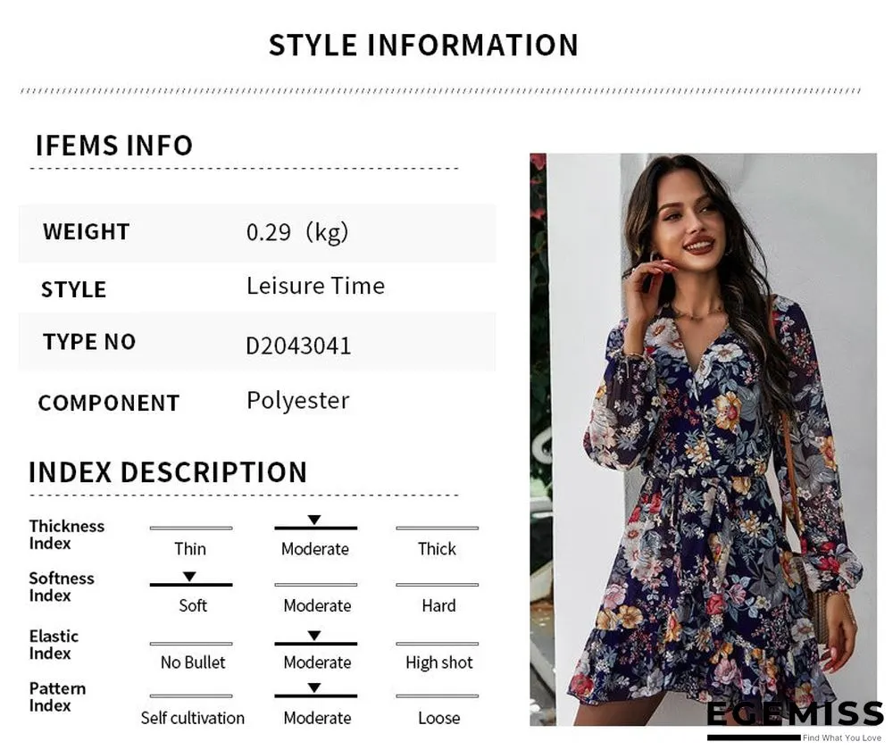 New Women's Spring/summer V-neck Long-sleeved Chiffon Print Dress | EGEMISS