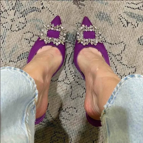 2021 European and American Style Closed Toe Niche Design Rhinestone High Heel Shoes Women's Summer Satin Mid Heel Slippers