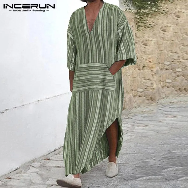 INCERUN Men Muslim Kaftan Cotton Arabic Islamic Robes Striped Retro Pockets Long Sleeve Middle East Men Jubba Thobe S-5XL 2022