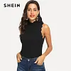 SHEIN Black Elegant Solid Button Scallop Trim Keyhole Back Stand Collar Tank Summer Women Sexy Casual Vest