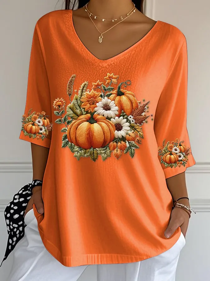 Women's Casual Pumpkin Bubble Ruffled Three-quarter Sleeve Top 