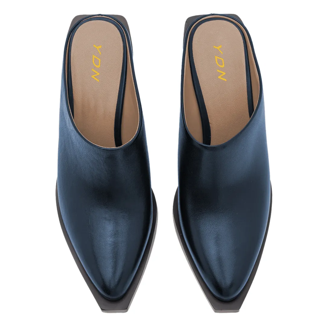 Classic Vegan Leather Snip Toe Block Heel Formal Mules in Dark Blue