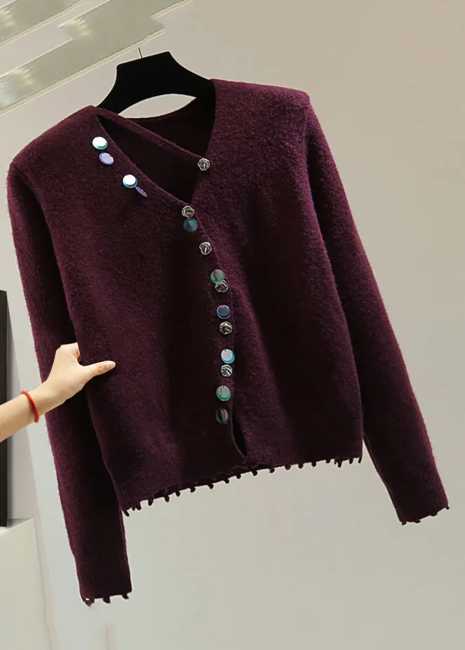 Women Mulberry V Neck Asymmetrical Sequins Cotton Knit Sweaters Spring