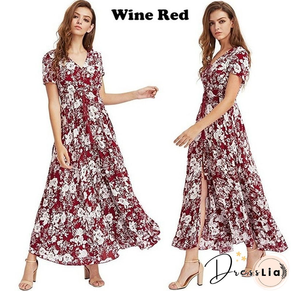 Summer Fashion Womens Bohemian V Neck Print Big Swing Long Dress Plus Size