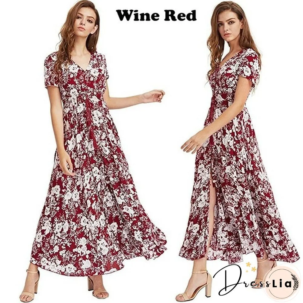 Summer Fashion Womens Bohemian V Neck Print Big Swing Long Dress Plus Size