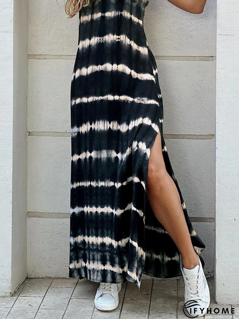 Black Ombre/tie-Dye Printed Slit V neck Holiday Daily Casual Sleeveless Shift Knitting Dress | IFYHOME