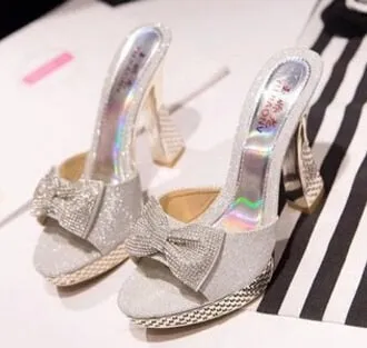 Women Platform High Heels Slippers Bowknot Design Glitter Bling Wedges Sandals Sexy Peep Toe Women Nightclub Party Wedding Shoes