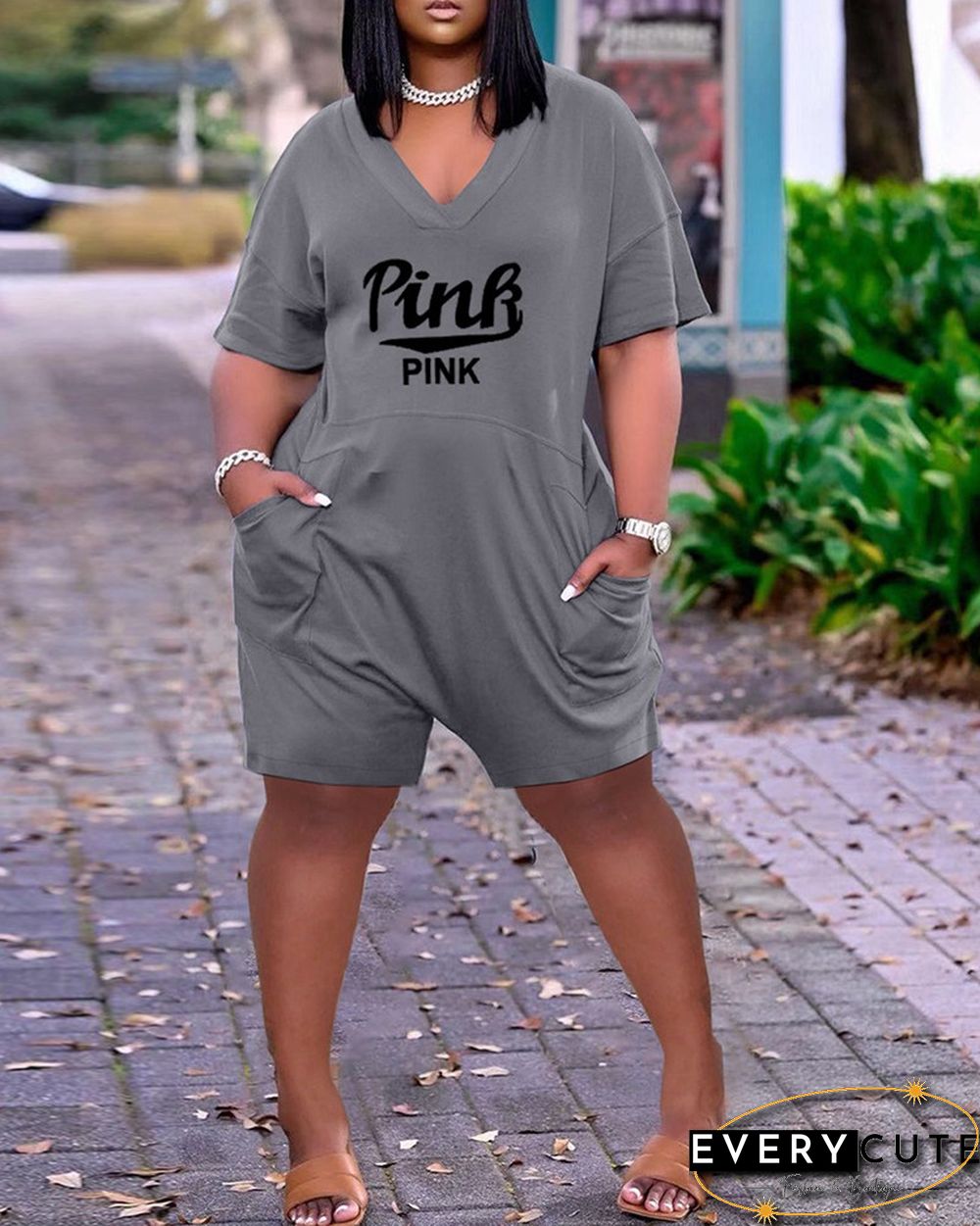 Pocket Design Letter Print Short Sleeve Romper