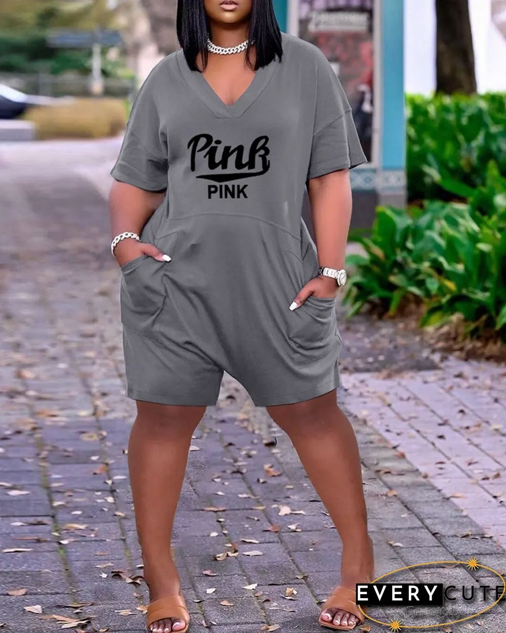 Pocket Design Letter Print Short Sleeve Romper