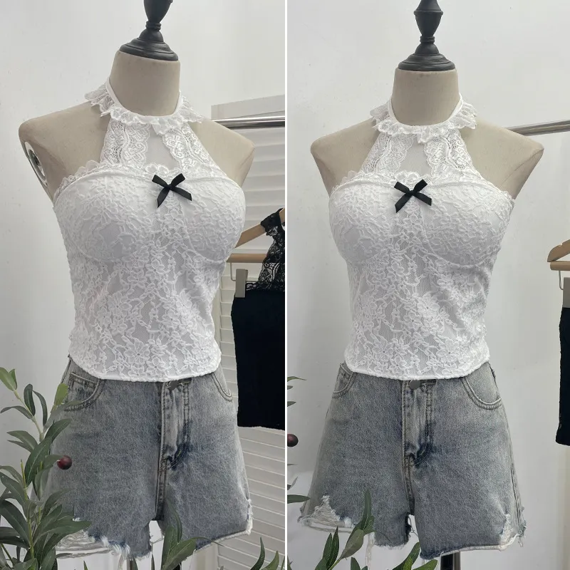 Churchf Real Shot With Chest Pad Hanging Neck Lace Sexy Sling Vest Short Babes Bottom Sleeveless Top 9196