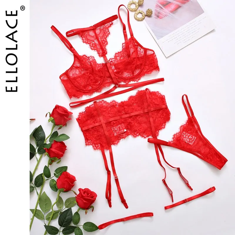 Ellolace Sensual Lingerie Sexy Lace Halter Erotic Costumes 4-Piece Underwire Bra Thongs Exotic Set Garters Intimate Bottom Whore
