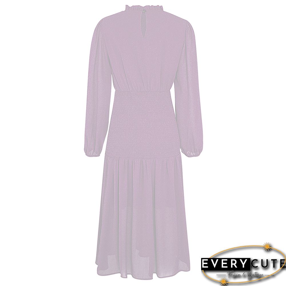 Pink Ruffle Detail Pleated Chiffon Midi Dress