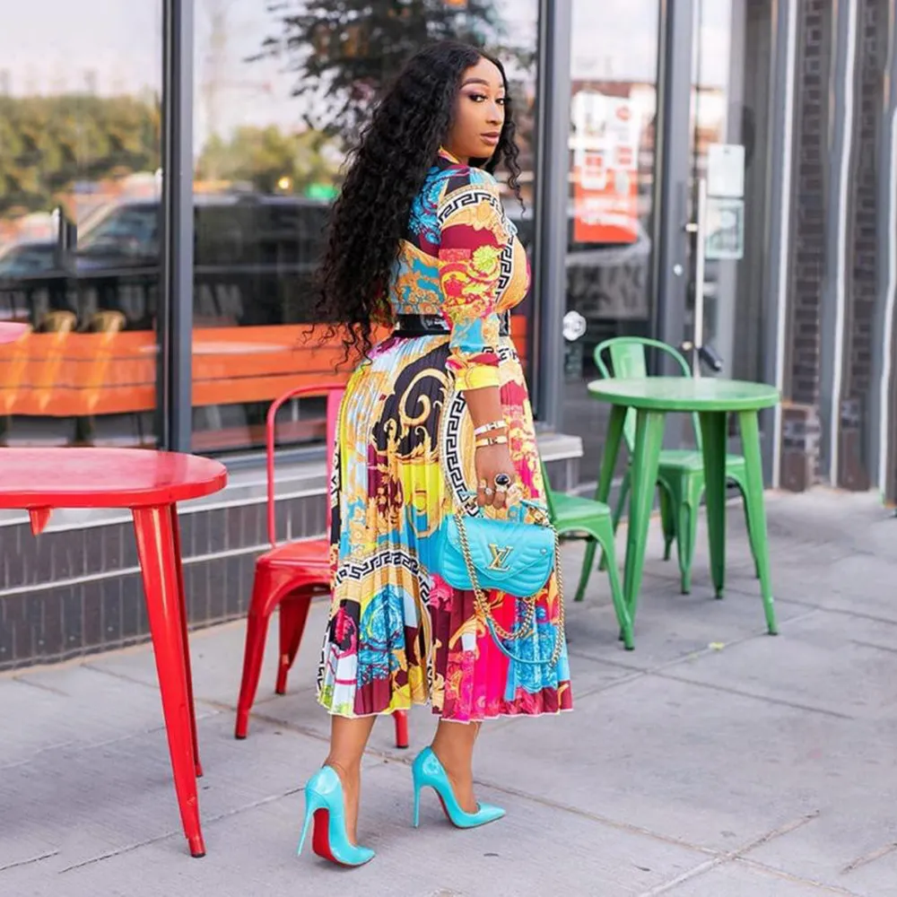 Uveng Uveng Spring And Summer New Wish Dress Large Size Women's Clothing Literary Print 100 Fold Seven Sleeve Long