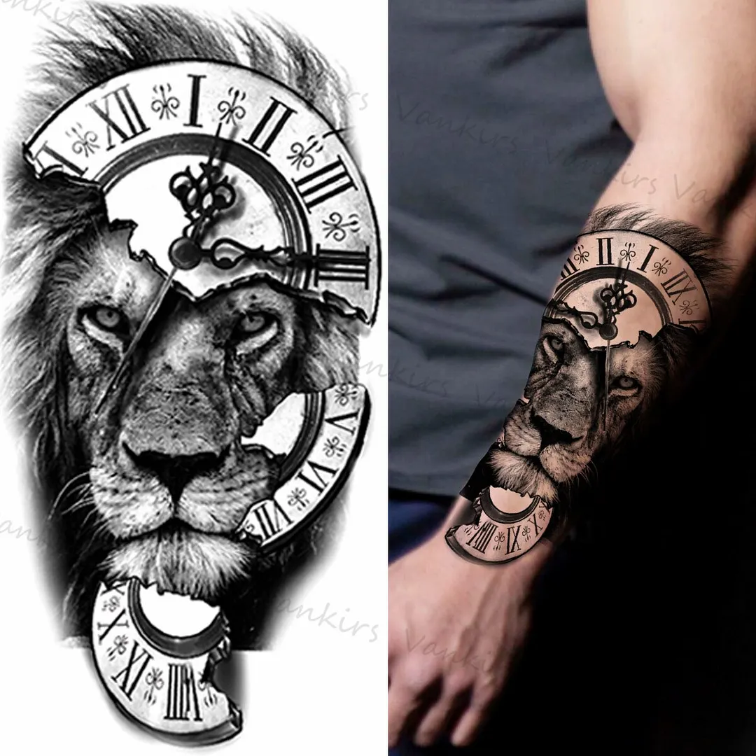 Sdrawing Lion Crown Temporary Tattoos For Women Men Wolf Compass Tiger Mountain Flower Fake Tattoo Sticker Arm Body Tatoos
