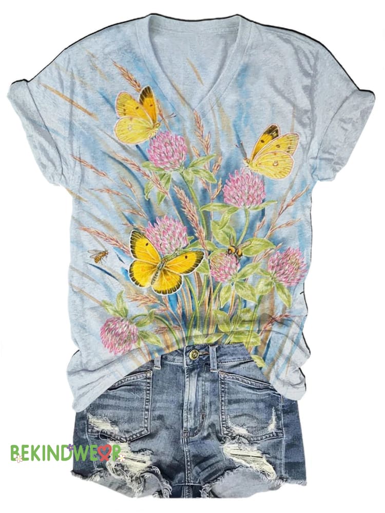Fresh Floral Butterfly Print Casual V-Neck Short Sleeve T-Shirt Multicolor / S
