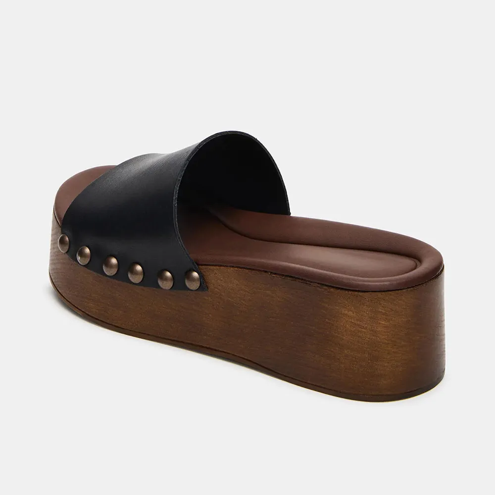 Women's Black Faux Leather Platform Slide Sandals with Studded