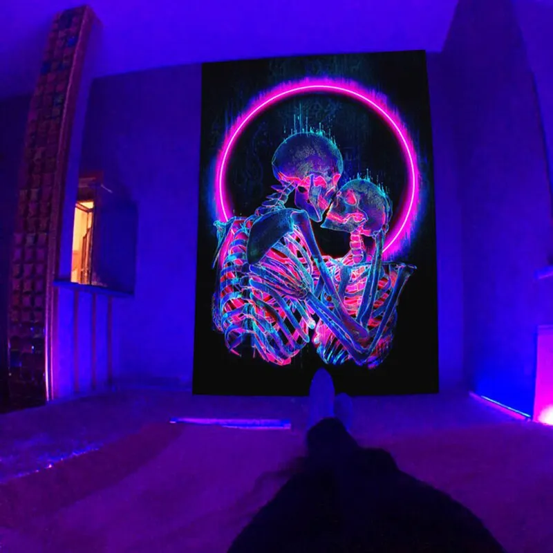 Fluorescent Starry Tapestry Skeleton Mushroom Psychedelic Black Light Wall Hanging Cloth DIY Home Decoration Trippy Room Decor