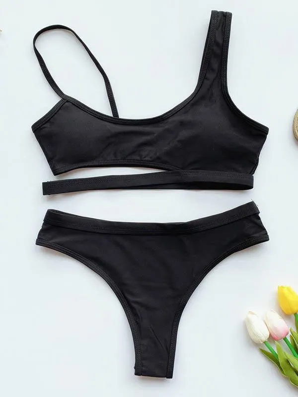 Asymmetric Solid Color Hollow Bikini Swimsuit