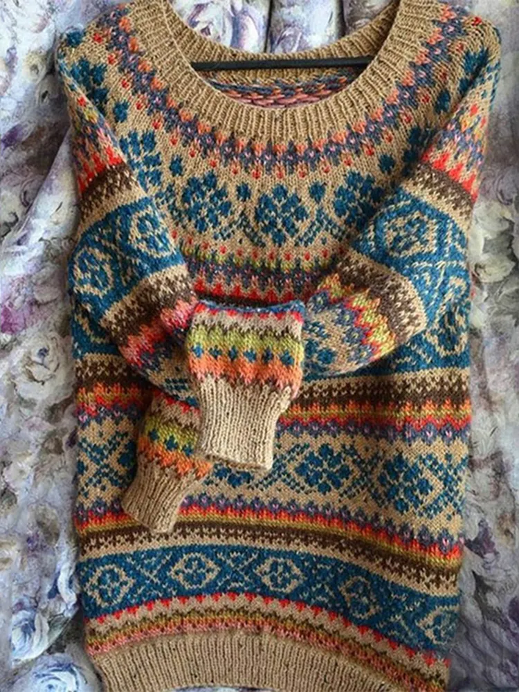 Vintage Crew Neck Long Sleeve Knit Loose Sweater