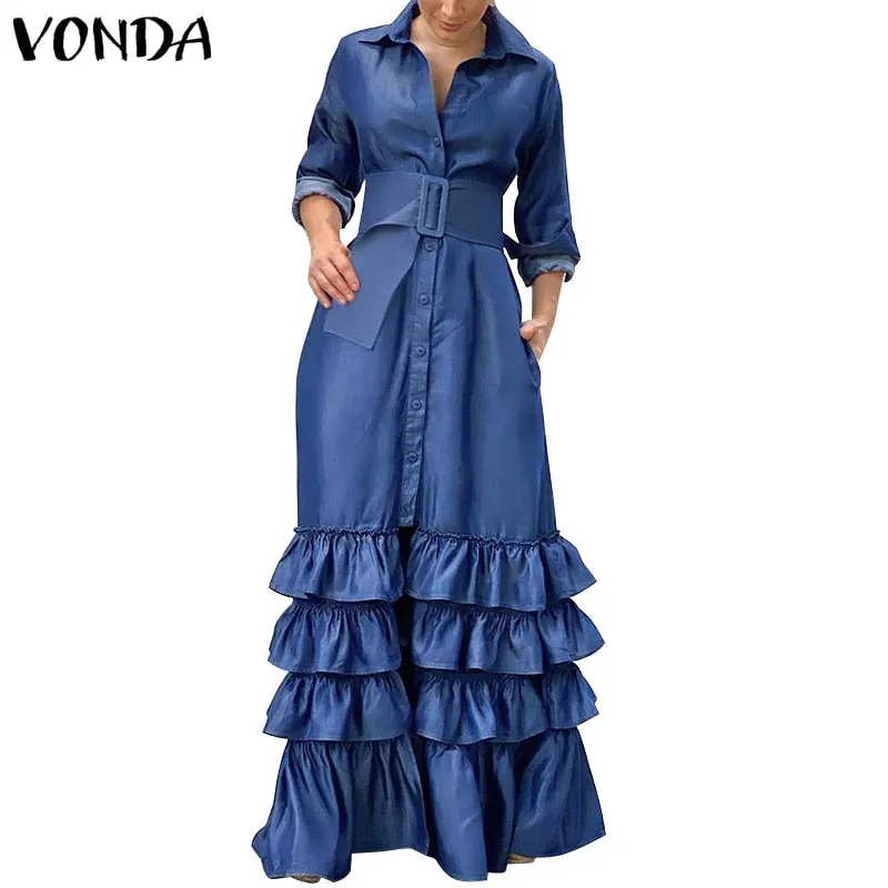 Women Party Maxi Dress 2022 VONDA Spring Holiday Dress Casual Vintage Long Sleeve Lapel Button Down Ruffled Vestidos Robe Femme