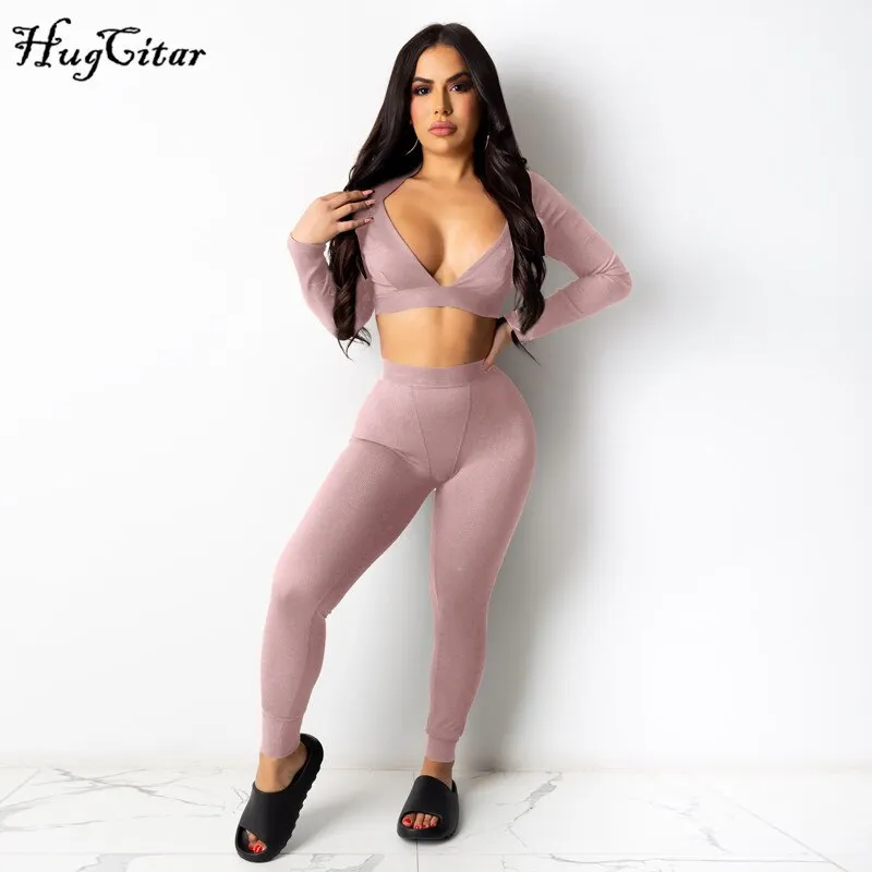 Hugcitar 2020 Long Sleeve Solid V-Neck Backless Skinny Tshirt Leggings 2 Piece Set Autumn Winter Women Sexy Streetwear Tracksuit